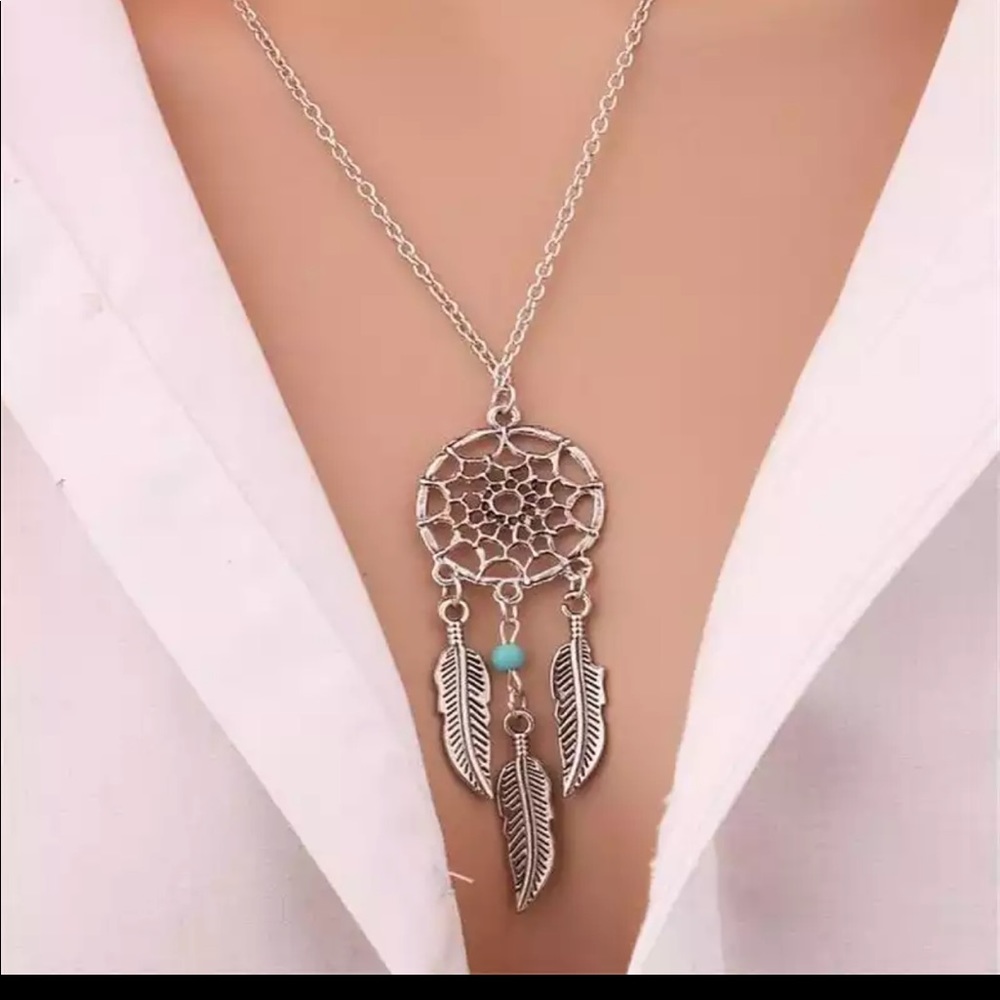 Silver Dreamcatcher Necklace Feather Pendant Boho Turquoise Bead Jewelry